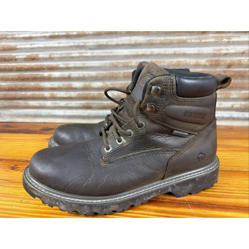 Wolverine Waterproof Brown Leather Lace Up Men's Soft Toe Work Boots Sz 9EW